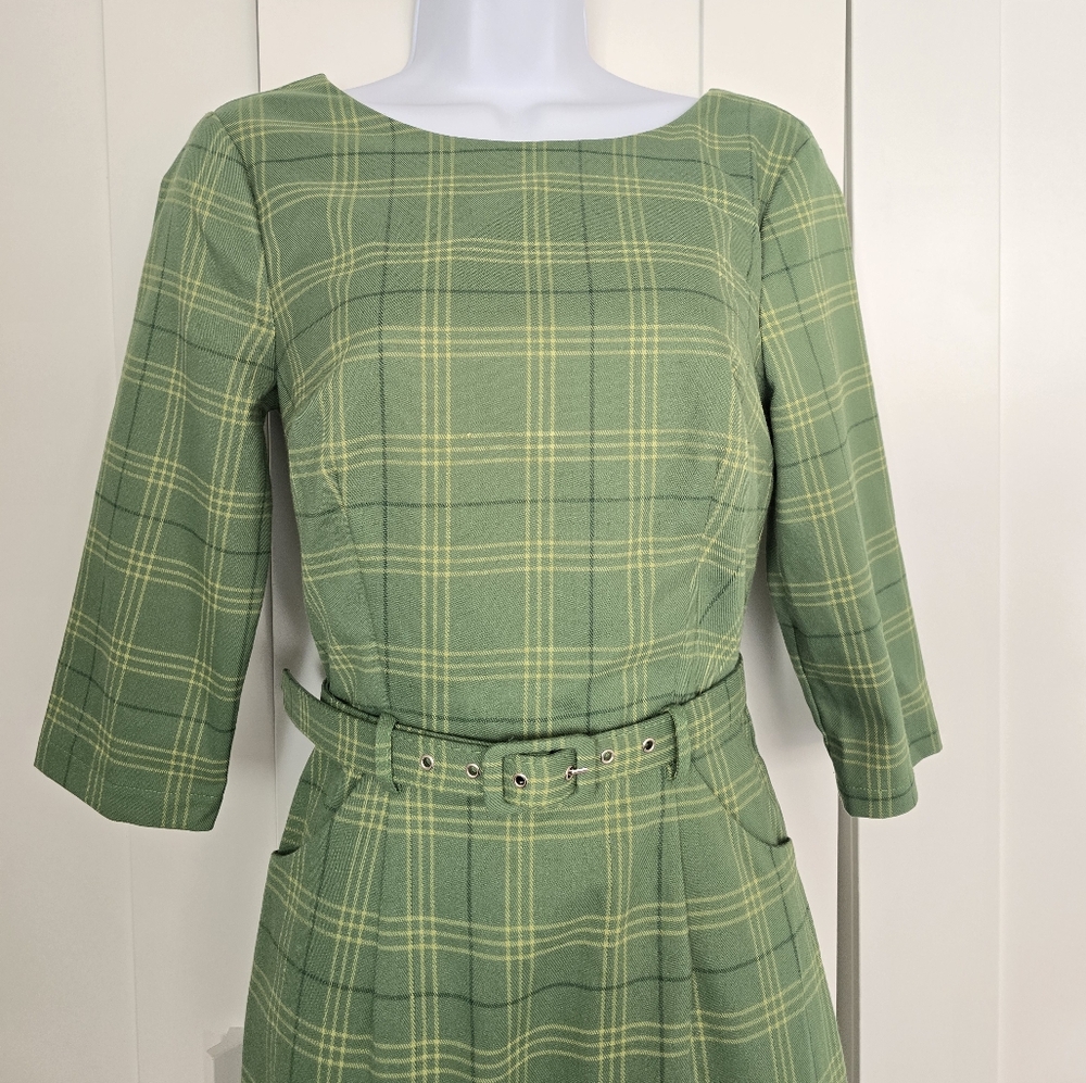 NWOT Collectif Adaline Leaf Check Green Plaid Fitted Wiggle Dress - Picture 9 of 15